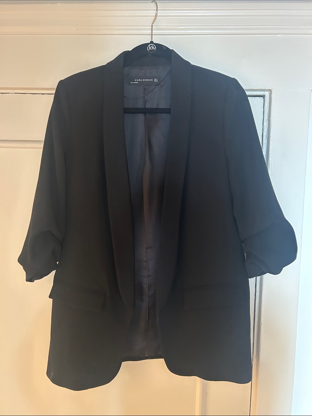 Zara Black Open Blazer with Ruched Sleeves